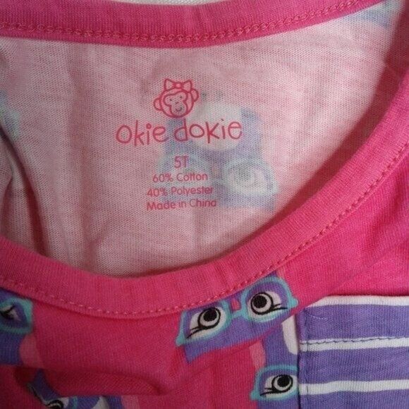 Okie Dokie Longsleeve Girls Top Pink Purple Owls Stripes Crewneck Pocket Size 5T - Picture 7 of 8